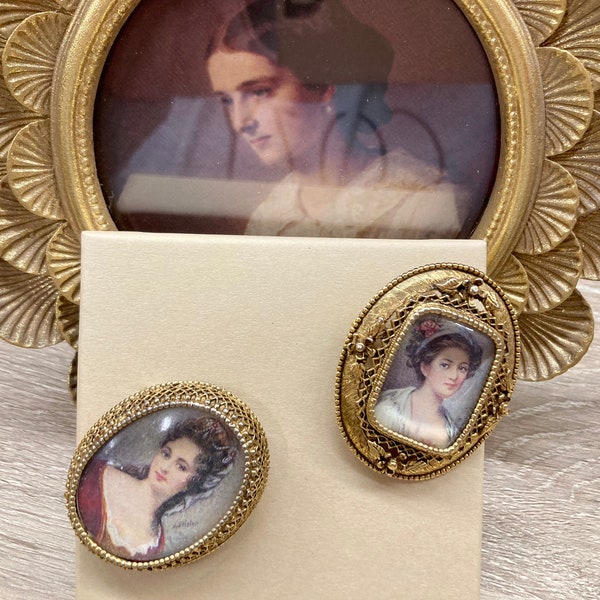 Vintage Gold Tone Signed Florenza Cameo Lady Jewelry Brooch, Pin - Choice of One