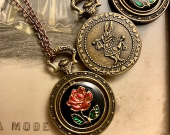 Alice in Wonderland “The Red Queen” antique copper and brass necklace, red rose vintage enamel cabochon, Locket Style necklace, Pocket Watch