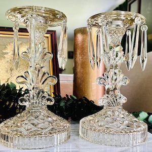 Vintage Crystal Pressed Glass Taper Candlestick Holders, Art Deco Style Ornate Tablescape Decor