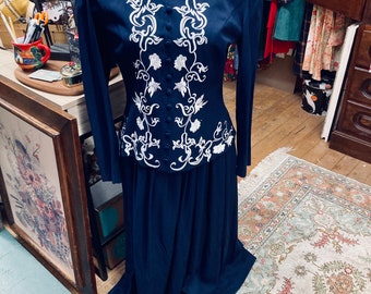 Vintage 80s Karin Stevens Floral Embroidered Maxi Dress, Navy and White, Size 8