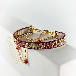 Beaded Bracelet Burgundy, Grey, Gold & Bronze Layering Bracelet Handwoven on Leather cord with chain and glass beads Gift ideas for her