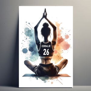 May include: A watercolor illustration of a person in a yoga pose. The person is wearing a black tank top with the name "CORALIE" and the number "26" on the back. The background is a watercolor wash of blue, green, and orange.