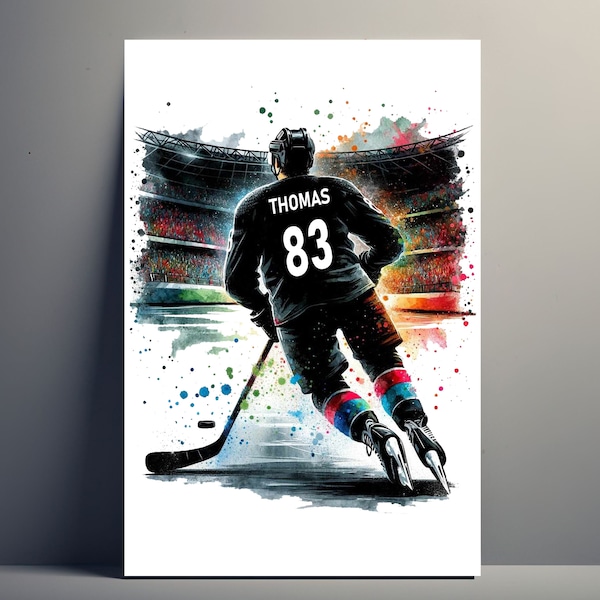 Personalisiertes Hockeyspieler-Poster | Anpassbares Hockey-Poster, Sport-Geschenkidee, Poster mit Vornamen des Mannes, Eishockey-Aquarell