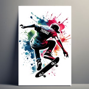 personalizado do patinador pôster | Cartaz de skate masculino personalizável, ideia de presente esportivo pôster primeiro nome arte de skate decoração colorida