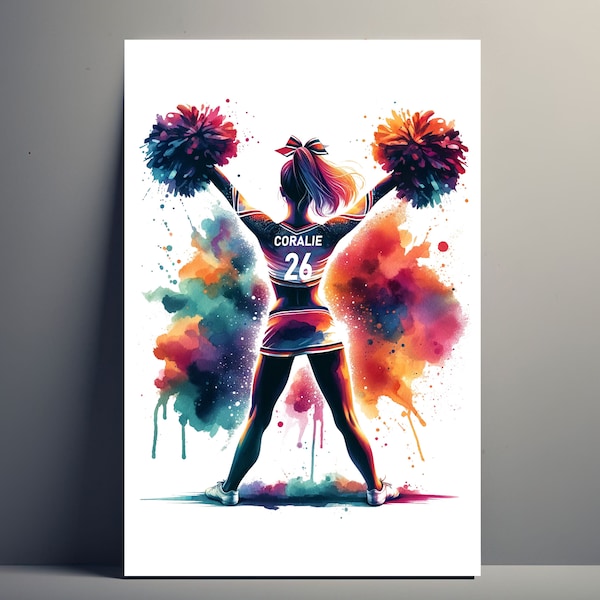 Affiche Personnalisée pom-pom Girl | Poster Femme Cheerleading Personnalisable, Affiche Illustration idée Cadeau Nom fille Art Cheerleader