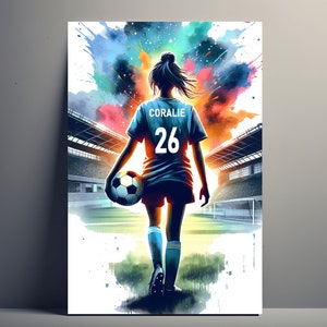 jogador de futebol personalizado pôster | Poster de menina personalizável, ideia de presente esportivo pôster primeiro nome mulher decoração de arte de futebol