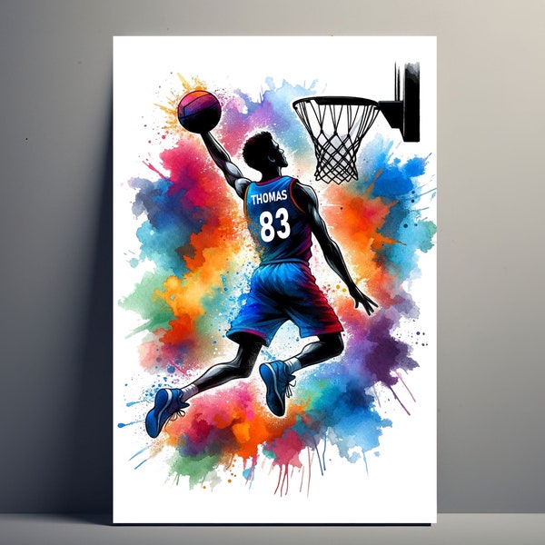 Affiche Personnalisée Joueur Dunk Basket | Poster Basket Homme Personnalisable, Affiche idée Cadeau sport Prénom Garçon Art Basketball