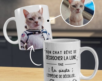 Taza personalizada de gato astronauta, taza de retrato de gato personalizable con foto, regalo para gato mamá papá, cita divertida