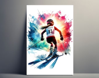 Personalized Children's Ski Poster | Customizable Girl's Ski Poster, Colorful Illustration Poster, Sports Gift Idea, Girl's Name, Skiing