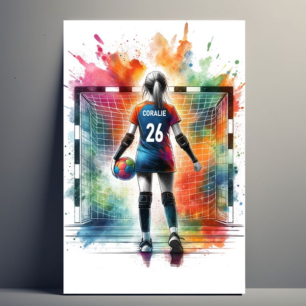 Affiche Personnalisée Joueur de Handball | Poster Fille Personnalisable, Affiche Enfant idée Cadeau sport Nom Femme Art Décoration