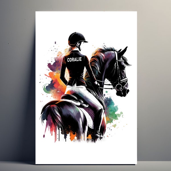 Affiche Personnalisée Cavalière Fille | Poster Équitation Cheval Personnalisable, Affiche Illustration idée Cadeau sport Prénom Femme Art