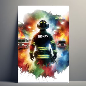 Personalized Firefighter Poster | Customizable Man Poster, Firefighter Poster Illustration Gift Idea Name Firefighter Decoration