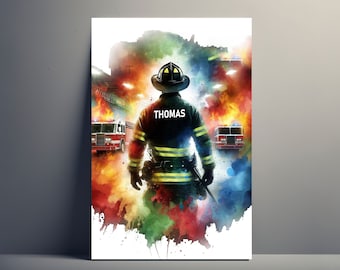 Personalized Firefighter Poster | Customizable Firefighter Poster, Firefighter Illustration Gift Idea, Firefighter Name Decoration