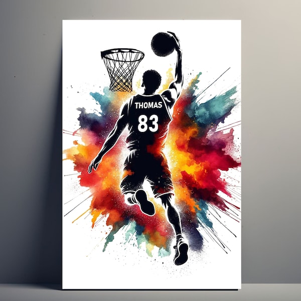 Affiche Personnalisée Joueur Dunk Basket | Poster Basket Homme Personnalisable, Affiche idée Cadeau sport Prénom Garçon Art Basketball