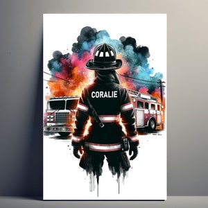 Personalized Firefighter Poster | Customizable Woman Poster, Firefighter Poster Illustration Gift Idea Name Firefighter Girl Decoration