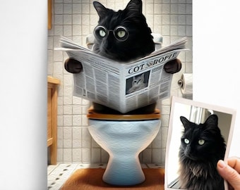 Personalized Cat Portrait – Poster or Canvas of Your Cat in the Toilet – Funny Gift from Photo – Bathroom Decoration