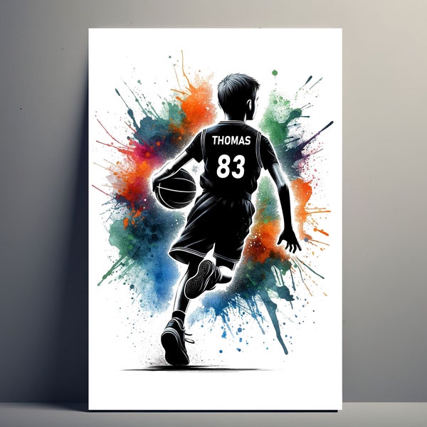 Affiche Personnalisée Joueur Basket | Poster de Basket Enfant Personnalisable, Affiche idée Cadeau sport Prénom Garçon Foot Art Illustration