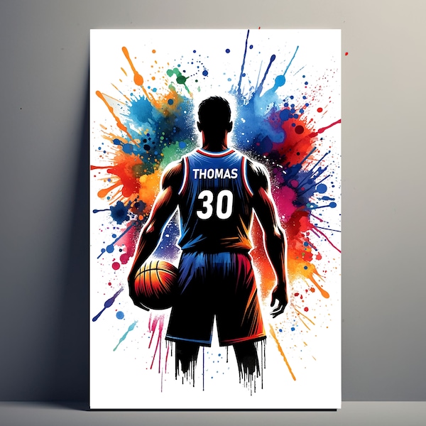 Affiche Personnalisée Joueur Basket | Poster de Basket Personnalisable, Affiche idée Cadeau sport Prénom Homme Basketball Art Décoration