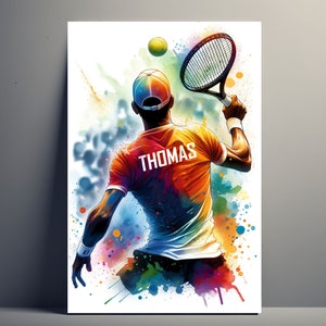 Gepersonaliseerde tennisspelerposter | Aanpasbare tennisposter, cadeau-idee poster illustratie voornaam man aquarel decoratie