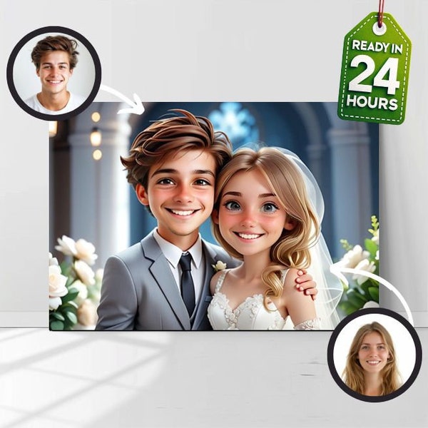 Portrait Personnalisé Mariage | Caricature de dessin animé Couple Personnalisable, Affiche photo cartoon amoureux, idée Cadeau de Mariage