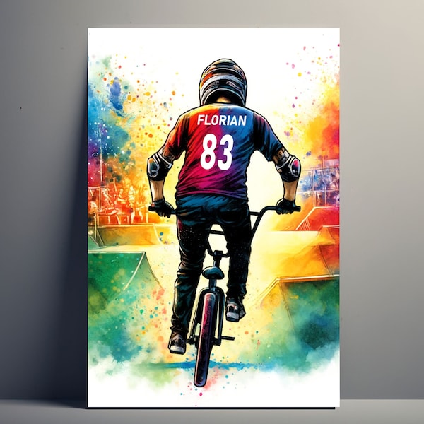 Affiche Personnalisée BMX | Poster Homme Vélo Personnalisable, Affiche Illustration idée Cadeau Nom Garçon Art Décoration Bmx