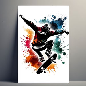 personalizado do patinador pôster | Cartaz de skate masculino personalizável, ideia de presente esportivo pôster primeiro nome arte de skate decoração colorida