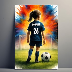 Personalized Girl Football Player Poster – Women&#39;s Football Gift First Name and Number | Children&#39;s Sports Decoration | Poster, canvas, digital
