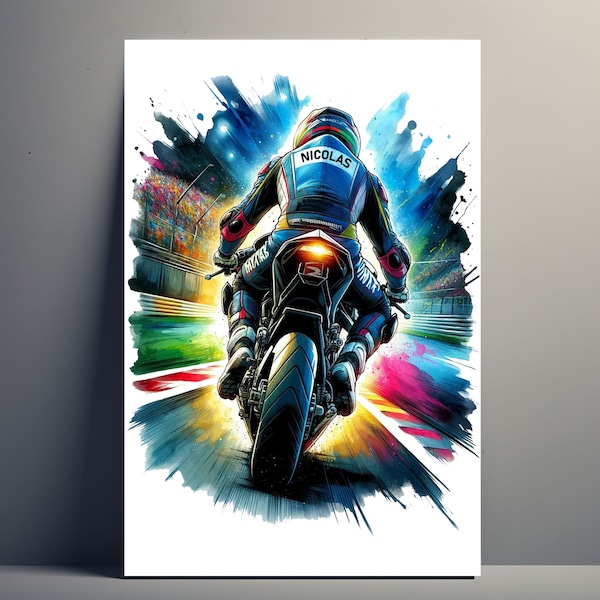 Affiche Personnalisée Motard | Poster Pilote de Moto Personnalisable, Affiche Illustration idée Cadeau Prénom Homme Art Décoration