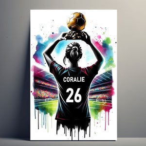 Personalized Football Player Poster | Poster Girl Customizable Golden Ball Trophy, Football Poster Gift Idea Sport First Name Woman Art