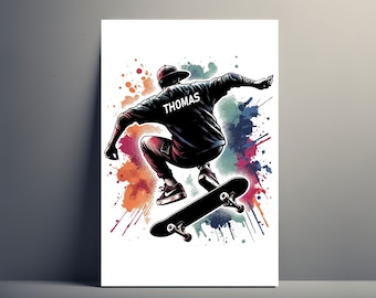 Personalized Skater Poster | Customizable Men's Skateboard Poster, Sports Gift Idea, Name, Skate Art, Colorful Decoration