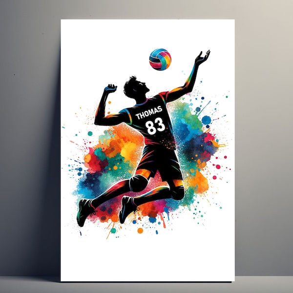Affiche Personnalisée Joueur Volley-Ball | Poster de Volleyball Personnalisable, Affiche Toile idée Cadeau sport Prénom Homme Art Décoration
