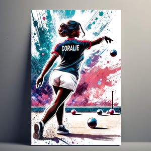 Spersonalizowany plakat gracza w petankę | Konfigurowalny plakat kobiety, ilustracja plakatu Pomysł na prezent Nazwa sportu Dziewczyna Sztuka Pétanque