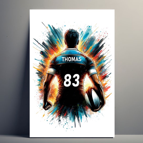 Affiche Personnalisée Joueur Rugby | Poster de Rugby Personnalisable, Affiche Toile idée Cadeau sport Prénom Homme Rugby Art Décoration