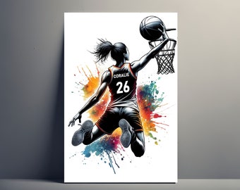 Personalized Dunk Basketball Player Poster | Customizable Girl Basketball Poster, Sport Gift Idea Poster First Name Woman Art Basketball