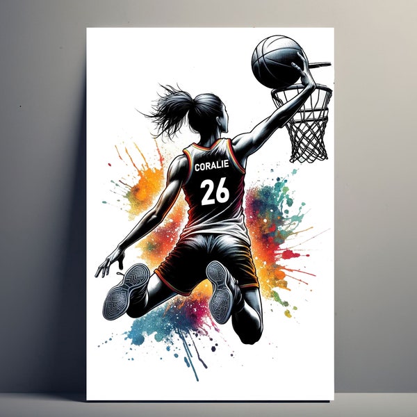 Affiche Personnalisée Joueur Dunk Basket | Poster Basket Fille Personnalisable, Affiche idée Cadeau sport Prénom Femme Art Basketball