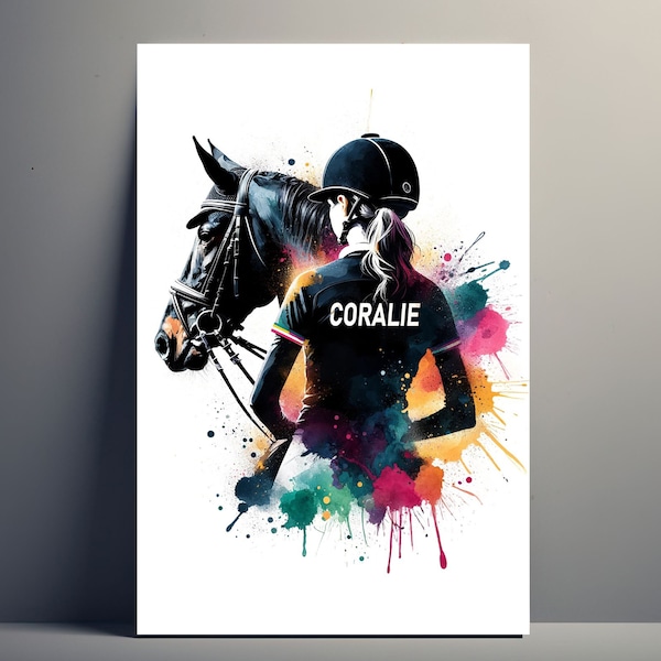 Poster Personnalisé Cavalière | Affiche Équitation Cheval Fille Personnalisable, Affiche Toile idée Cadeau sport Prénom Femme Art Fan