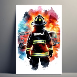 Personalized Firefighter Poster | Customizable Man Poster, Firefighter Poster Illustration Gift Idea Name Firefighter Decoration