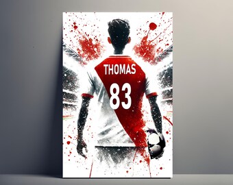 Spersonalizowany plakat piłkarski Monako | Personalizowany plakat piłkarski dla chłopców, prezent piłkarski dla kibiców Monako z imieniem i numerem
