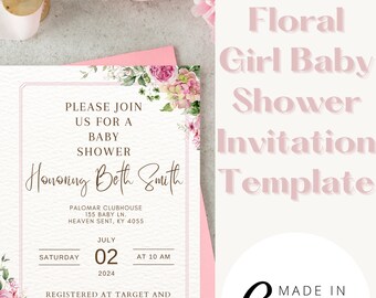 Könnte beinhalten: Eine rosa und weiße Babyparty-Einladung mit dem Text "Bitte schließen Sie sich uns zu einer Babyparty zu Ehren von Beth Smith an" und Details zur Veranstaltung, einschließlich Datum, Uhrzeit und Ort. Die Einladung enthält auch den Text "Registriert bei Target und Amazon" und "RSVP an Anne (501) 268-4521". Die Einladung ist mit einem floralen Design verziert und der Text "Made in Canva" ist in der unteren rechten Ecke sichtbar.