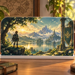 Peut inclure: Une station d'accueil pour console de jeu rectangulaire présentant une illustration paysagère détaillée et colorée d'un personnage sur une falaise surplombant un lac, des montagnes et un château. Une bannière verte avec un symbole Triforce doré.