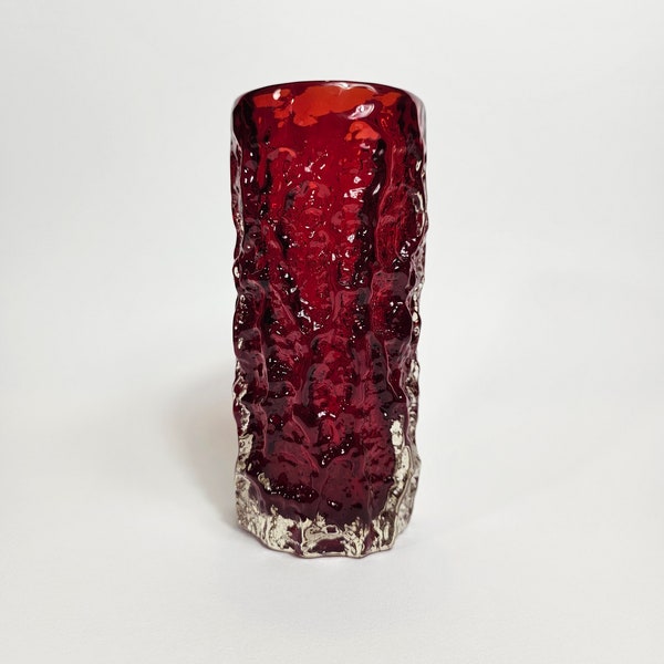 Vintage Mid Century Whitefriars Geoffrey Baxter Bark Glass Vase in red.