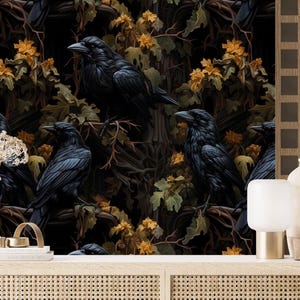 Gothic Wallpaper with Crows,Dark Floral Mural Peel and Stick,Moody Wall Decor,Night Wall Art with Corvi Self-adhesive,Flowers Wallpaper