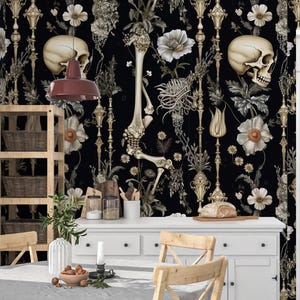Black Gothic Mural with Skulls,Dark Floral Wallpaper Peel and Stick,Mystic Flowers Bedroom Wall Decor,Night Wall Art,Haunted Wizard Mural