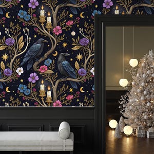May include: Dark navy wallpaper featuring a repeating pattern of black ravens perched on branches with gold leaves, flowers, candles, stars, and crescent moons. The room has a white bench and a Christmas tree.