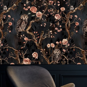 Dark Gothic Wallpaper Schälen und Stick,Eulen und rosa Rosen Wandbild,Blumen Tapete auf schwarzem Hintergrund Entfernbar,Nacht Wanddekor selbstklebend