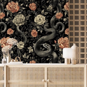 Serents Wallpaper,Snakes and Flowers Mural Peel and Stick,Dark Gothic Wall Decor,Botanical Mural on Black Background,Forest Plants Wall Art