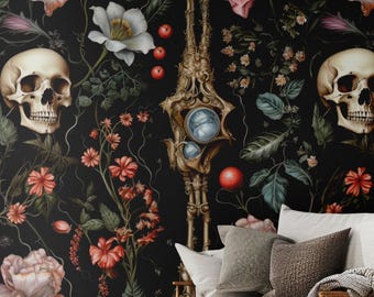 Black Gothic Mural with Skulls,Dark Floral Wallpaper Peel and Stick,Mystic Flowers Bedroom Wall Decor,Night Wall Art,Haunted Wizard Mural