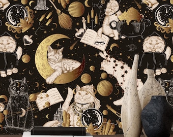 May include: Dark wallpaper with a repeating pattern of cats, moons, and celestial motifs in gold and cream. The design includes cats on moons, stars, and witchy accessories. The overall theme is a whimsical, magical aesthetic.