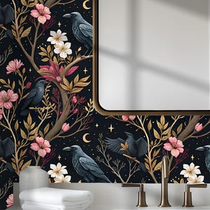 Gothic Wallpaper with Crows,Dark Floral Mural Peel&Stick,Black Floral Moody Wall Decor,Gold Night Wall Art with Corvi,Candles,Pink Flowers