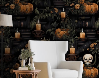Mural gótico preto com caveiras, papel de parede de abóbora de Halloween removível e colante, decoração de parede floral escura mística para quarto, arte de parede noturna, mural de bruxo